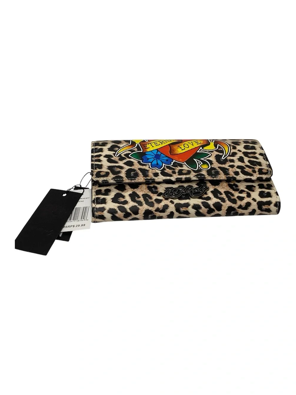 Ed Hardy Leopard Print Wallet with Red & Yellow Heart Tattoo Graphic - Picture 3 of 6